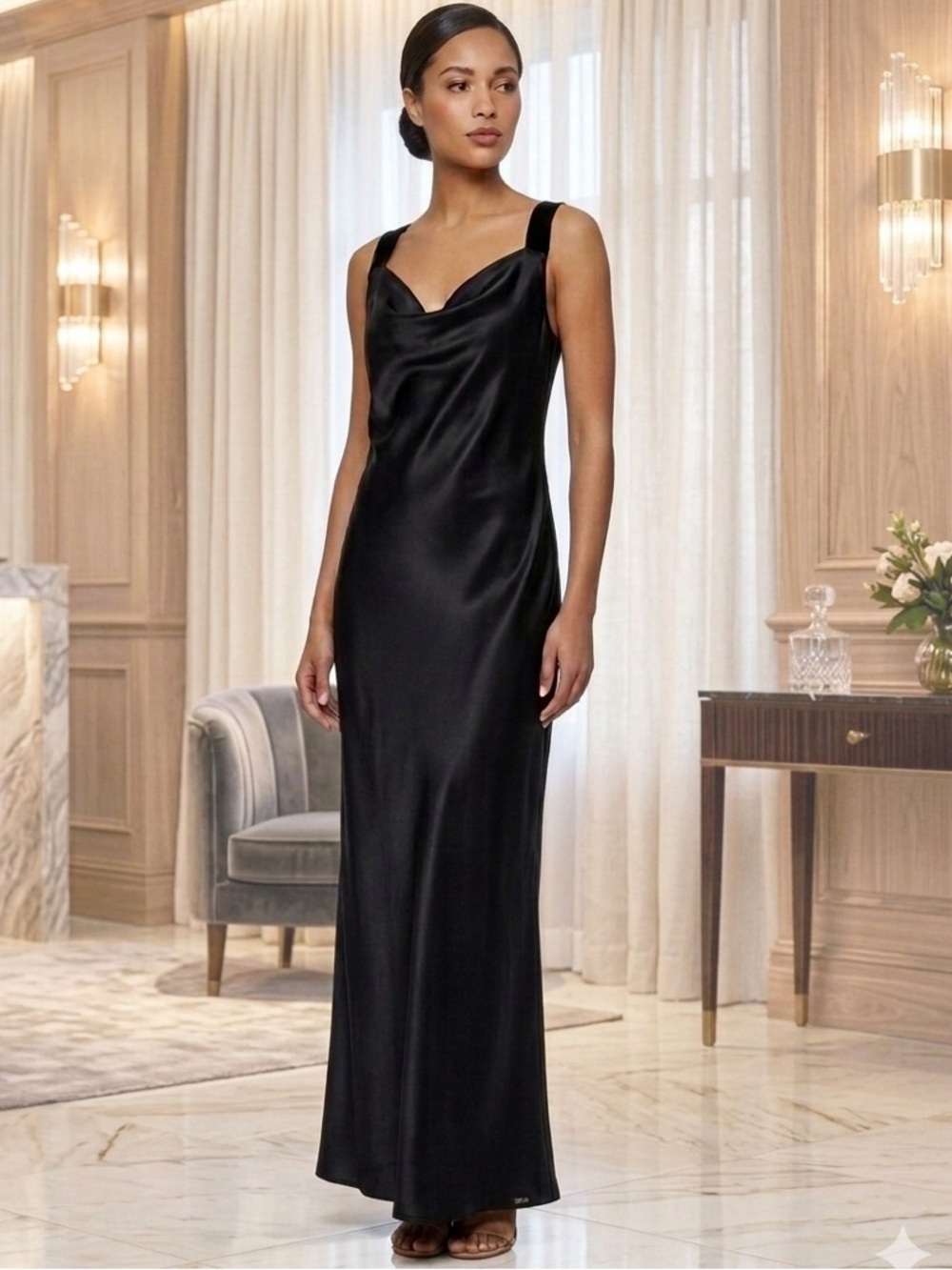 Vera Wang Black Satin Evening Slip Dress Women Large Y2K Minimalist Maxi